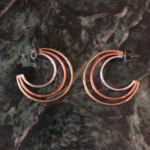 Hoop Boho Earrings Hammered Metal Silver Bronze Gold Hoop Earrings - Picture 2 of 4